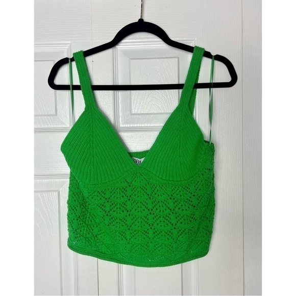 Zara Bright Green Crochet Sweater Knit Bustier V-Neck Crop Top Sz Large Stretch - Picture 6 of 9